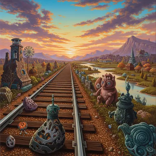 Surreal Landscape Oil Painting: Vibrant Colors & Imaginary Creatures