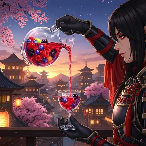 Japanese Warrior Character Pouring Fruit Compote | Oriental Cityscape