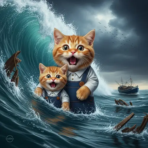 Scottish Redhead Cat and Kitten Caught in Terrifying Sea Wave