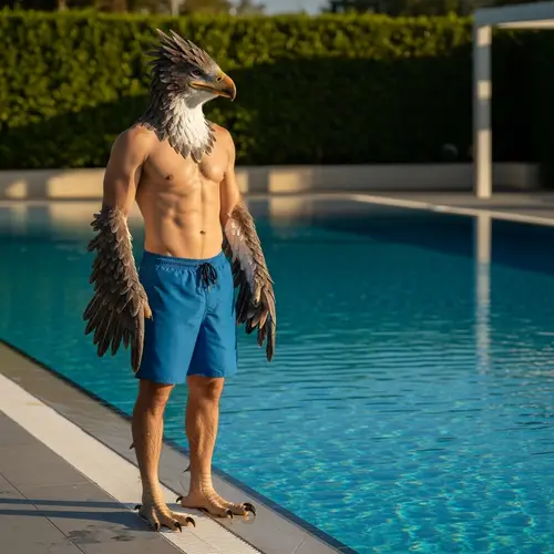 Male Bird Demi-Human by Pool in Casual Swimming Shorts