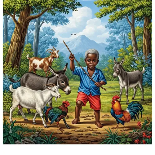 Detailed Illustration of Haitian Boy with Gray Hair Playing in Woods with Animals