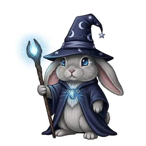 Wizard Rabbit with Magical Staff and Hat