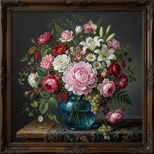 Colorful Bouquet in Blue Glass Vase - Dutch Golden Age