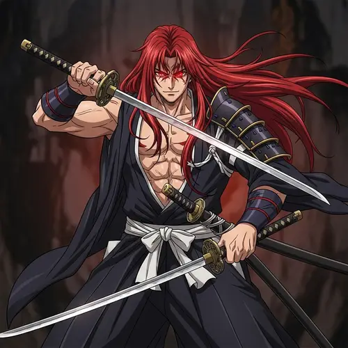 Muscular Anime Swordsman with Dual Katanas | Red-Haired Warrior