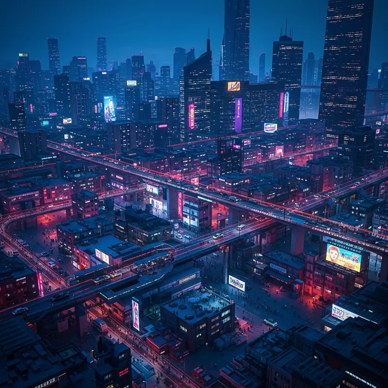 Vibrant Cyberpunk Cityscape at Night: Neon Lights & Activity Vibrant Cyberpunk Cityscape at Night: Neon Lights & Activity