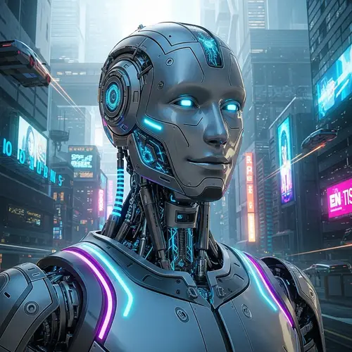 Advanced Mechanized Robot in Futuristic Cityscape
