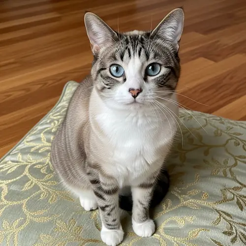 Black and White Patched House Cat on Velvet Cushion
