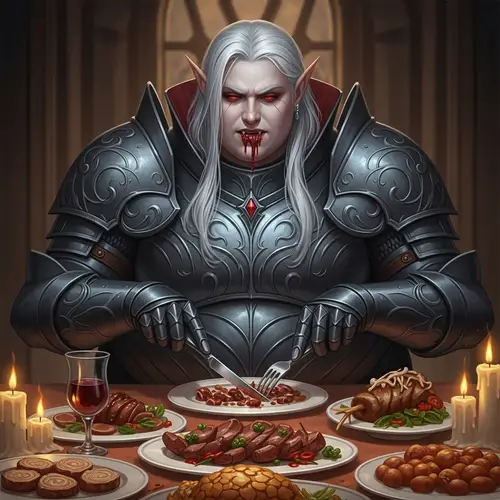 Overweight Elf Vampire Feasting in Full Plate Armor