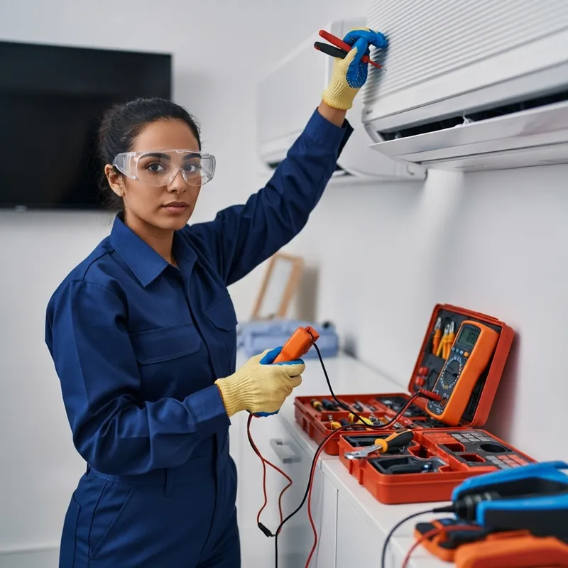 Hispanic Female Film Character Performing Air Conditioner Maintenance Hispanic Female Film Character Performing Air Conditioner Maintenance