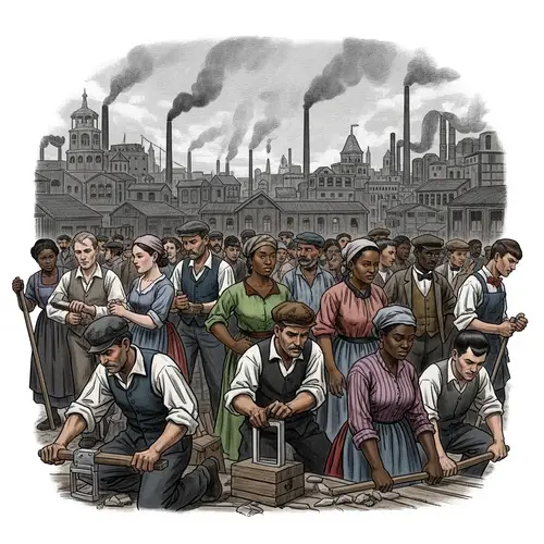 Diverse Workers Labouring in 19th-Century Industrial City