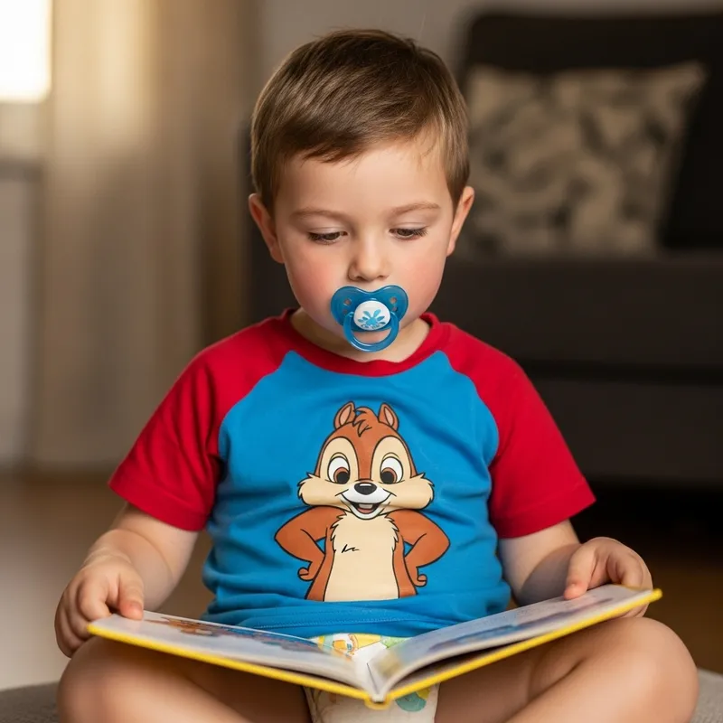 Focused Eight-Year-Old with Diaper and Pacifier