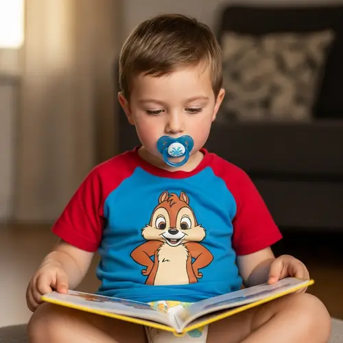 Focused Eight-Year-Old with Diaper and Pacifier