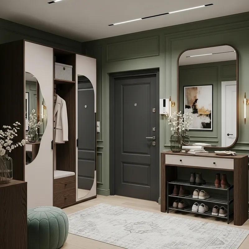 Modern Style Entrance Hall with Wardrobe, Mirror, and Console Table
