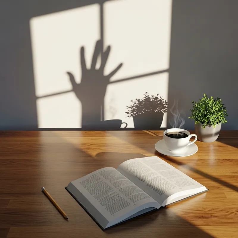 Intriguing Table Setting with Pencil, Book, Coffee, and Mysterious Shadows