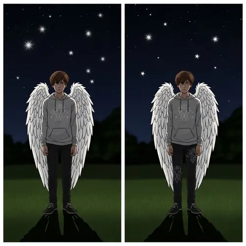 Teenage Boy with Angel Wing Clothes in Mysterious Night Scene
