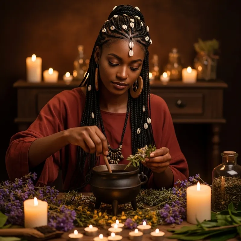 Tranquil African American Woman Amid Candles and Herbs