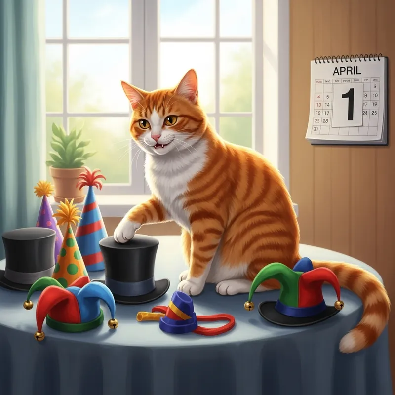 April 1st Cat Scene: Playful Tabby & Silly Hats April 1st Cat Scene: Playful Tabby & Silly Hats