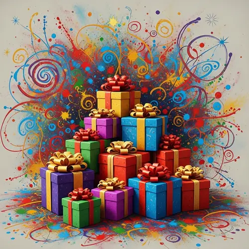Whimsical Celebration: Vibrant Gifts and Abstract Art