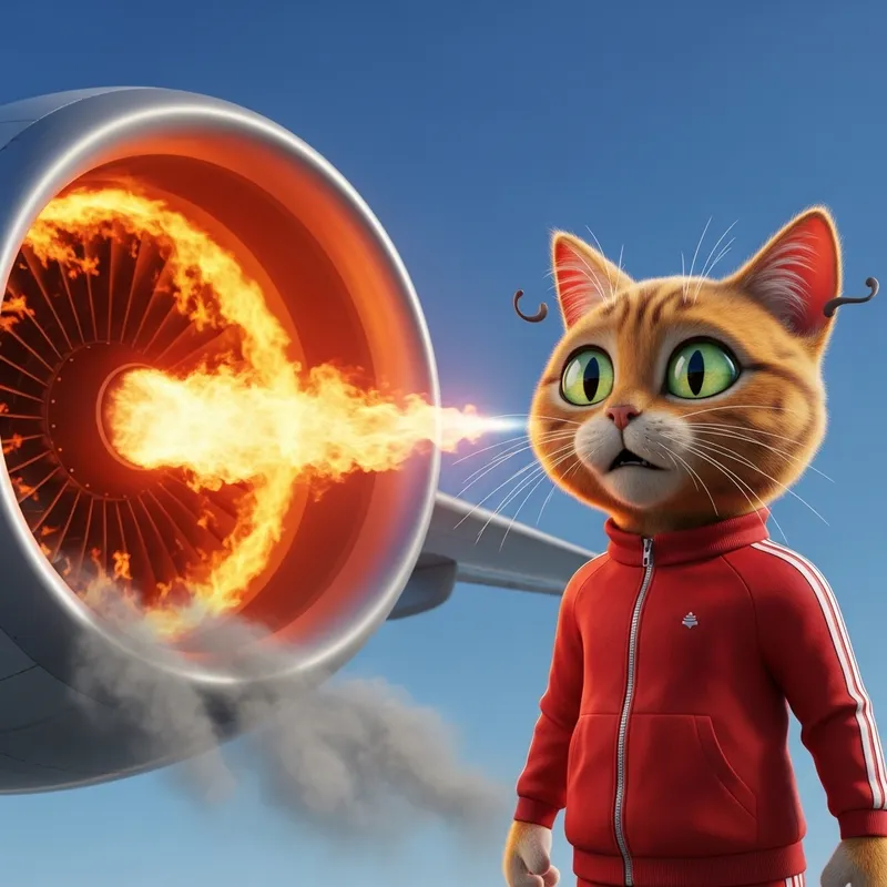 Hyperrealistic Cartoon Cat in Red Track Suit Witnessing Airplane Engine Fire