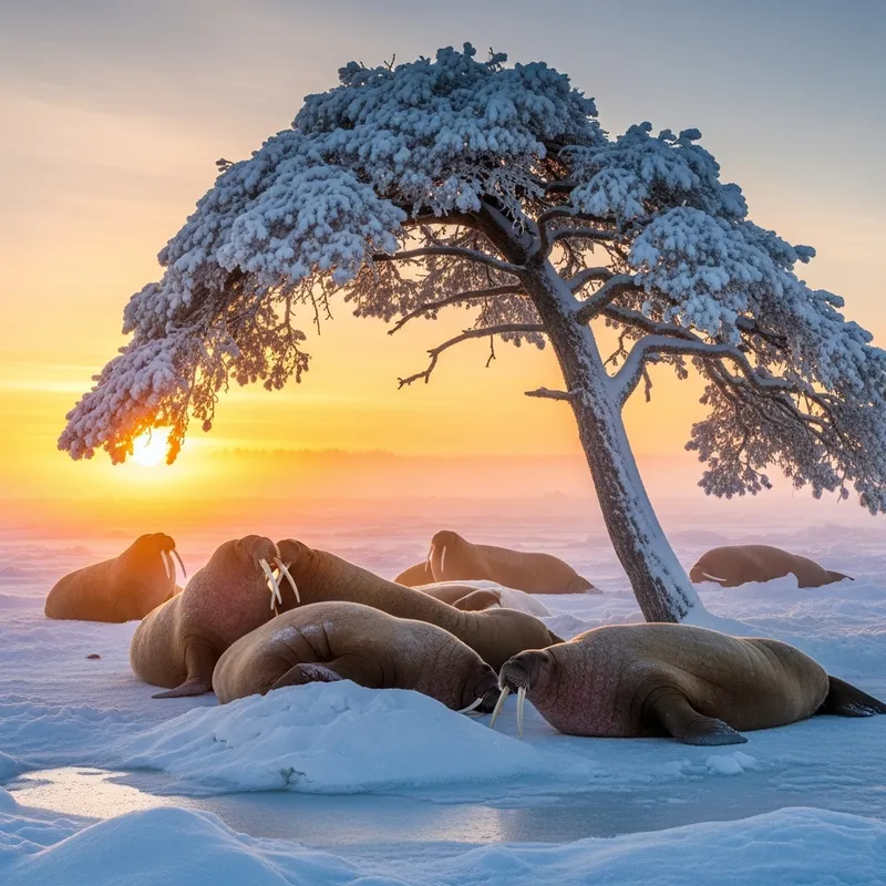 Frosty Morning with Walruses and a Pine Tree: Golden Sunrise Scene Frosty Morning with Walruses and a Pine Tree: Golden Sunrise Scene