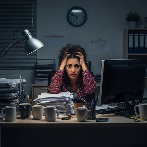 Overwhelmed Middle-Eastern Woman at Late-Night Office Desk