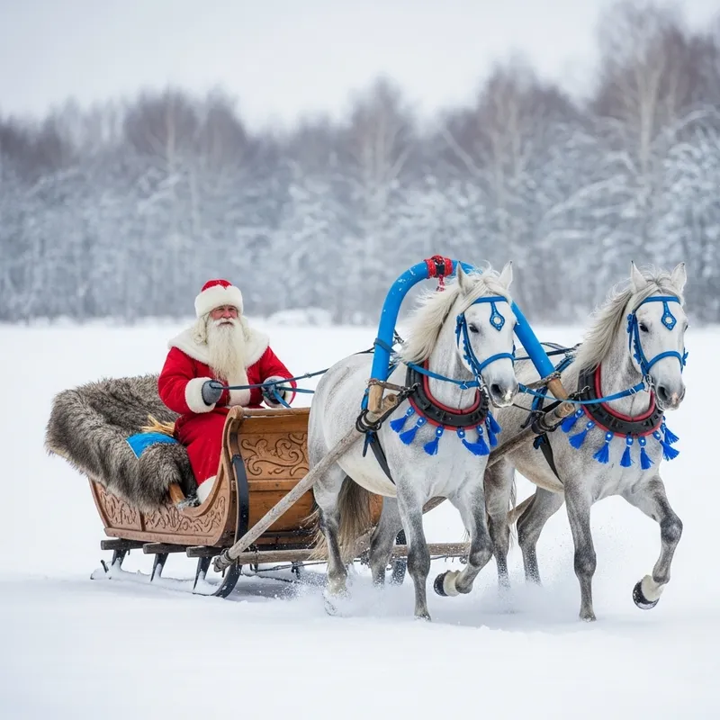 Russian Santa Claus on Blue Sleigh Pulled by 3 White Horses Russian Santa Claus on Blue Sleigh Pulled by 3 White Horses