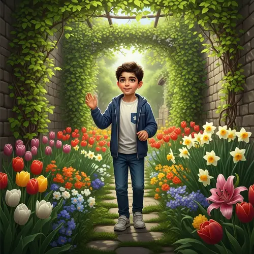 Middle-Eastern Boy in Flourishing Garden | Nature Exploration