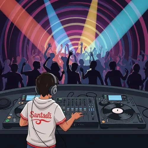 Dynamic DJ Booth with Diverse Crowd and Santali Artist Mixing Tracks