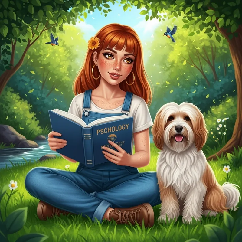 Enchanting Nature Scene: Red-Haired Woman Reading Psychology Book with Tibetan Terrier