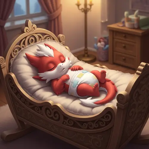 Adorable One-Month-Old Cartoon Dragon in Diapers Sleeping in Cradle