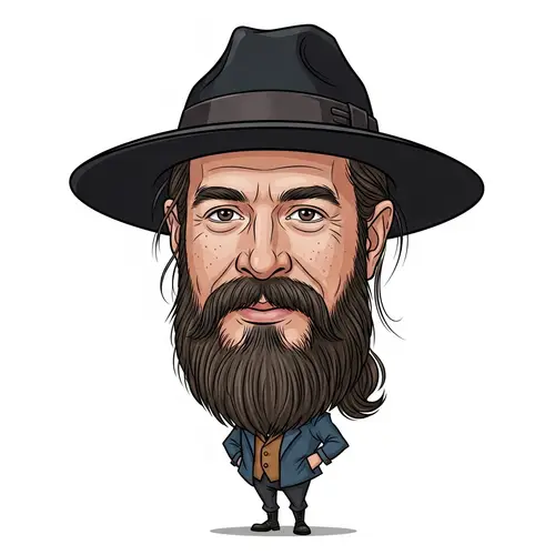 Exaggerated Caricature of Bearded Man with Grey Beard and Tied Back Hair