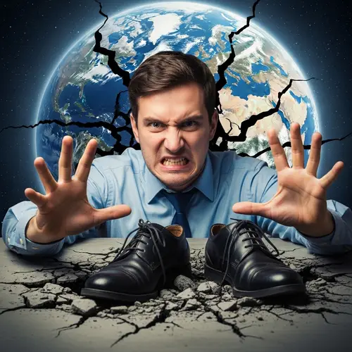 Man Crumbling Earth in Anger | Lost Sentimental Black Leather Shoes