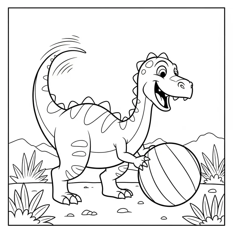 Cartoon Dinosaur Playing with a Ball - Coloring Page