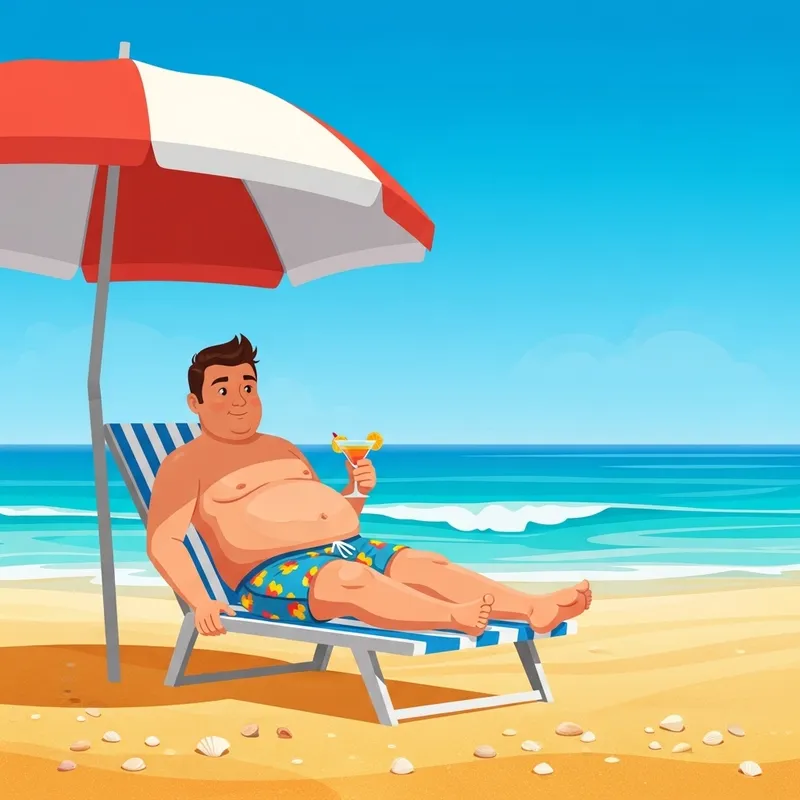 Chubby Man Enjoying Beach: Lounge Chair, Cocktail, Sunshine