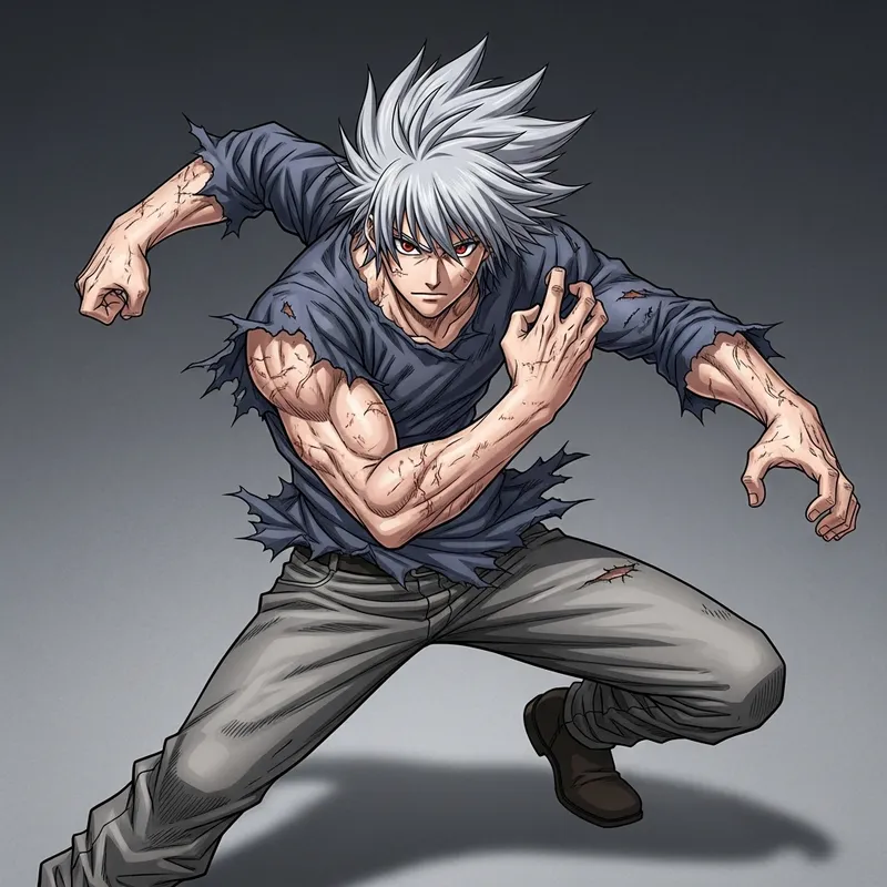 Dynamic Anime Character with Wild Silver Hair in Intense Fighting Pose