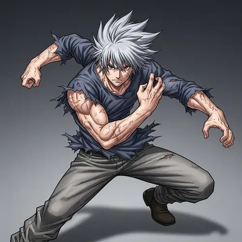 Muscular Anime-Styled 17-Year-Old Male Character in Intense Martial Arts Pose