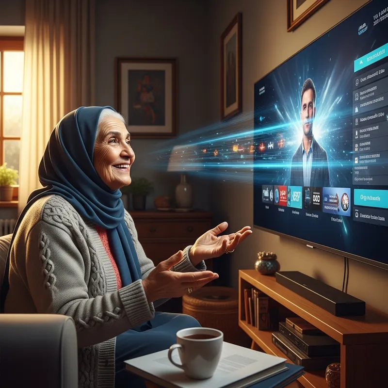 Hyper-Realistic Image of Joyful Middle Eastern Grandmother with Modern TV