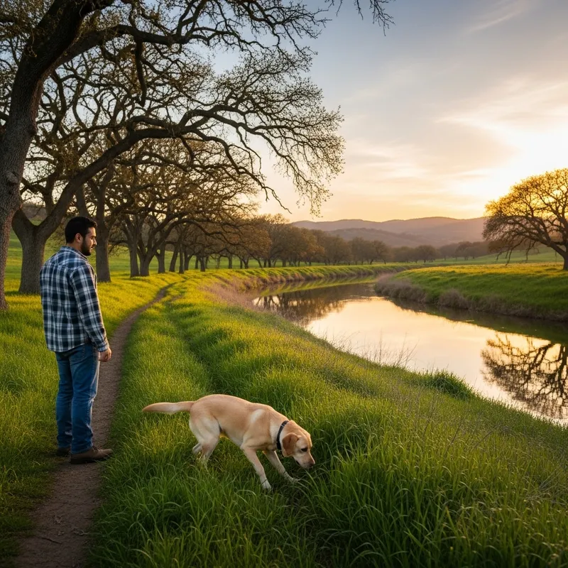 Tranquil Scene: Hispanic Man and Labrador Retriever on Countryside Trail Tranquil Scene: Hispanic Man and Labrador Retriever on Countryside Trail