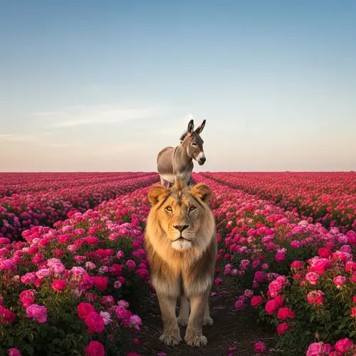 Vibrant Roses Field with Lion and Donkey Scene