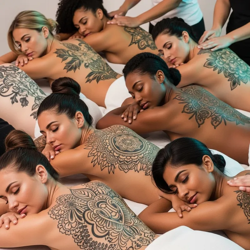 Serenity: Diverse Women with Intricate Back Tattoos | Wellness-Inspired Serenity: Diverse Women with Intricate Back Tattoos | Wellness-Inspired