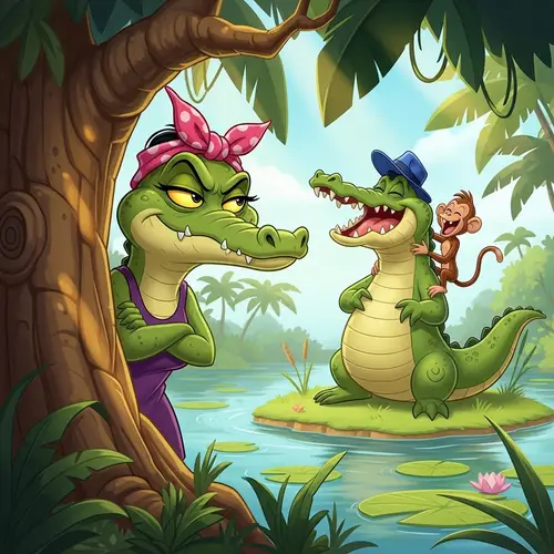 Jealous Crocodile Wife Questions Husband's Friendship with Monkey