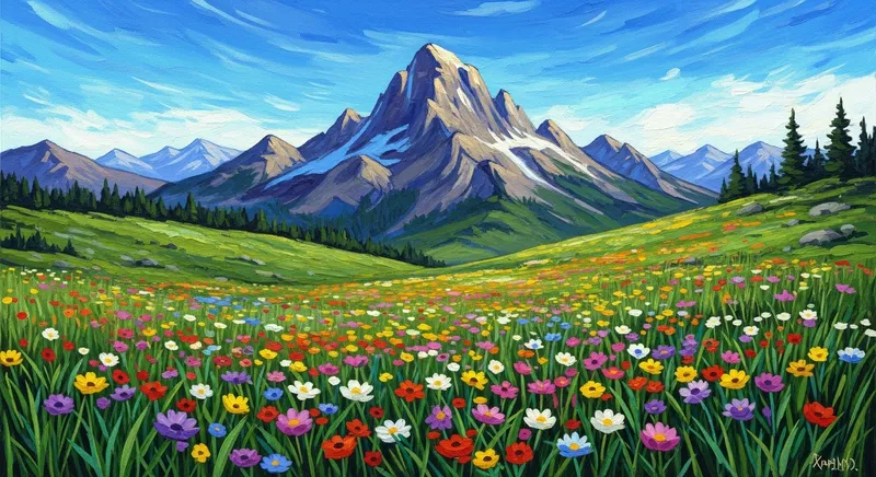 Majestic Mountain Peak & Colorful Wildflowers in Impressionistic Artwork