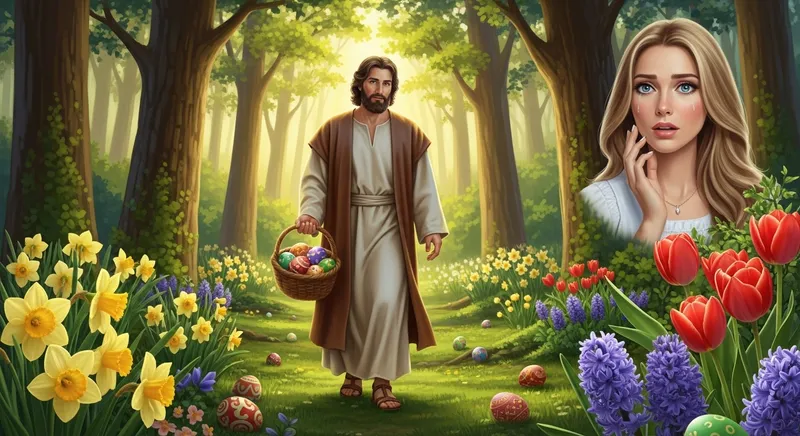 Vibrant Forest Scene: Jesus with Easter Eggs & Flowers