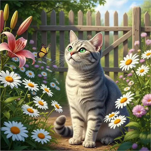 Cat in Garden Watching Butterfly - Enchanting Scene