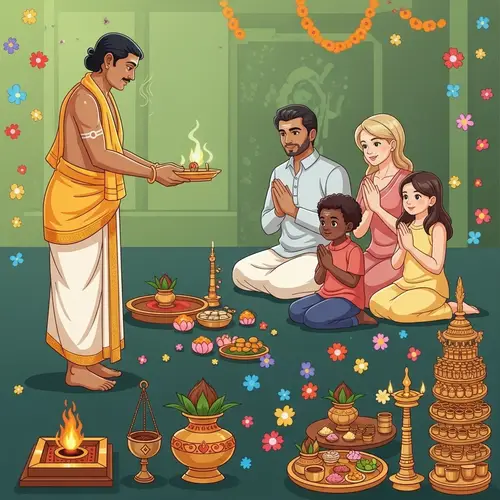 Hindu Priest Performing Sacred Ritual in Temple with Devotee Family | Website Name