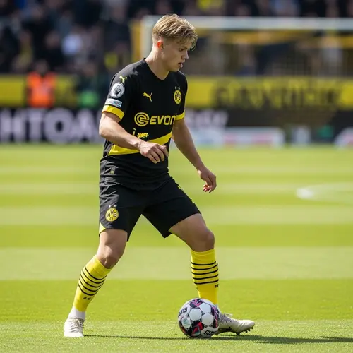 Young Male Soccer Player in Black and Yellow Uniform on Grassy Field