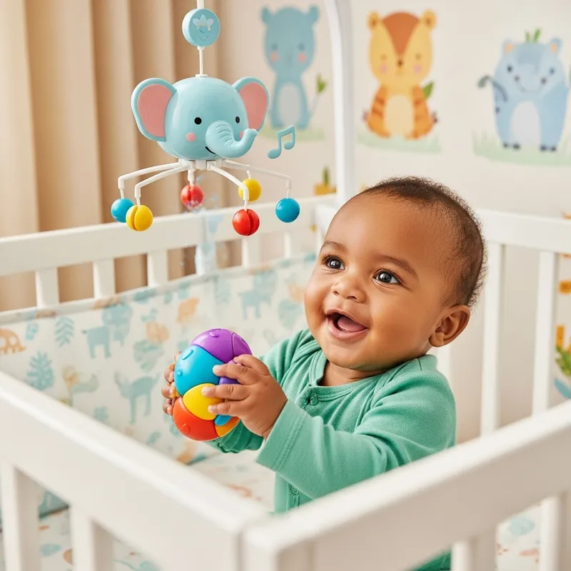 Adorable Congolese Baby Playing in Colorful Crib Adorable Congolese Baby Playing in Colorful Crib
