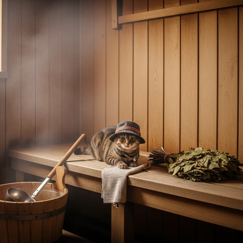 Cat in Hat in Russian Bathhouse - Authentic and Relaxing Scene