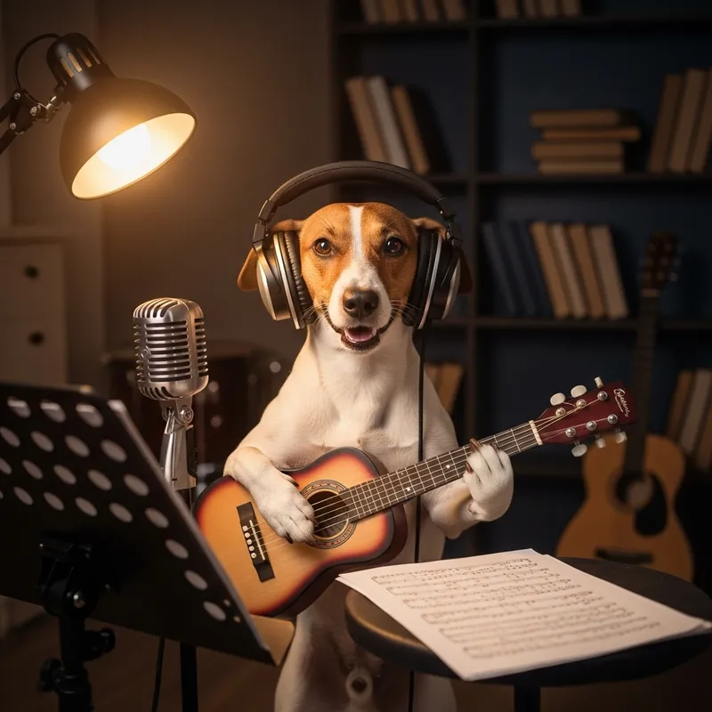 Professional Dog Musician: Guitar Strumming & Headphone Listening