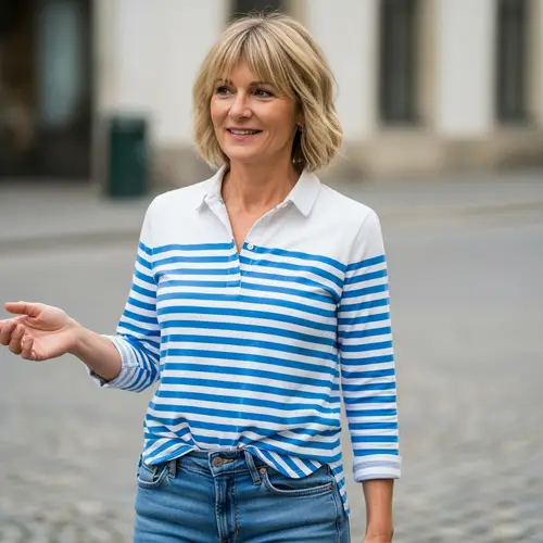 Tall Blonde Woman in Striped Shirt and Jeans | Age 50